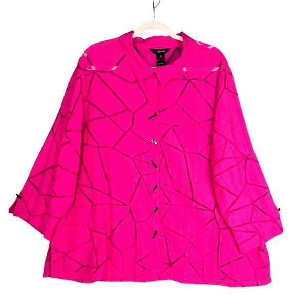 Ali Miles Pink Geometric Button Up Top Shacket 2X Artsy Lagenlook Pockets - Picture 2 of 11
